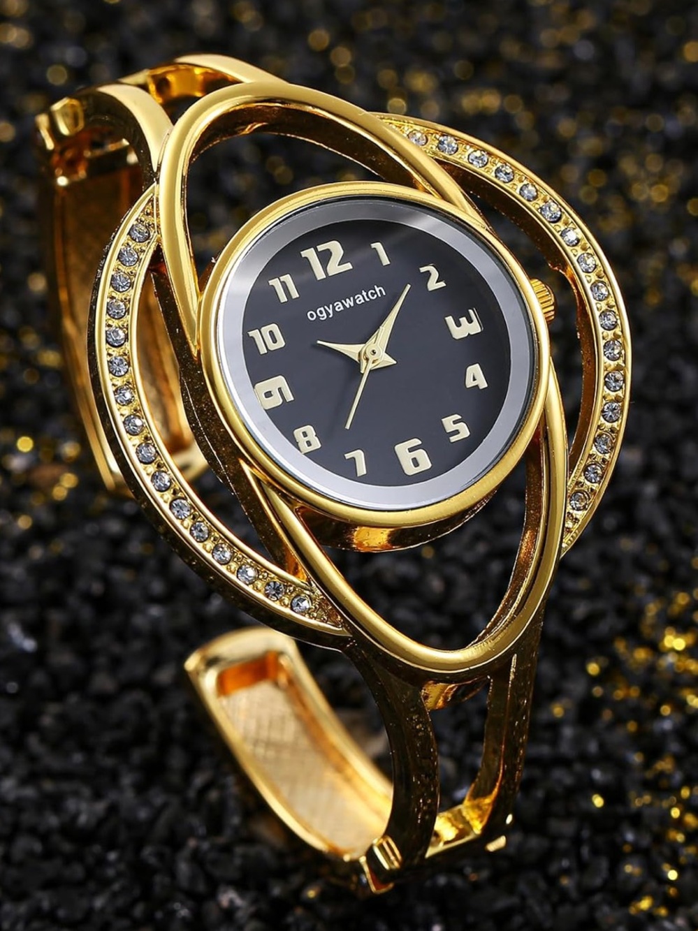 New Gold Bracelet Watch With Black Dial And Crystal Accents